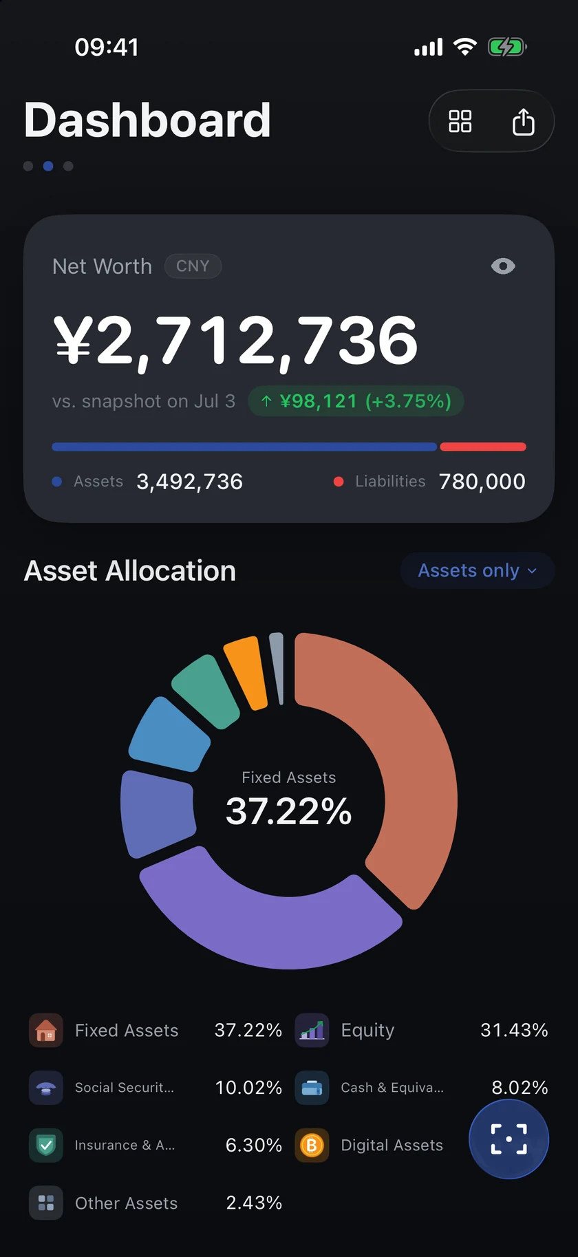 Wert dashboard showing net worth and asset allocation