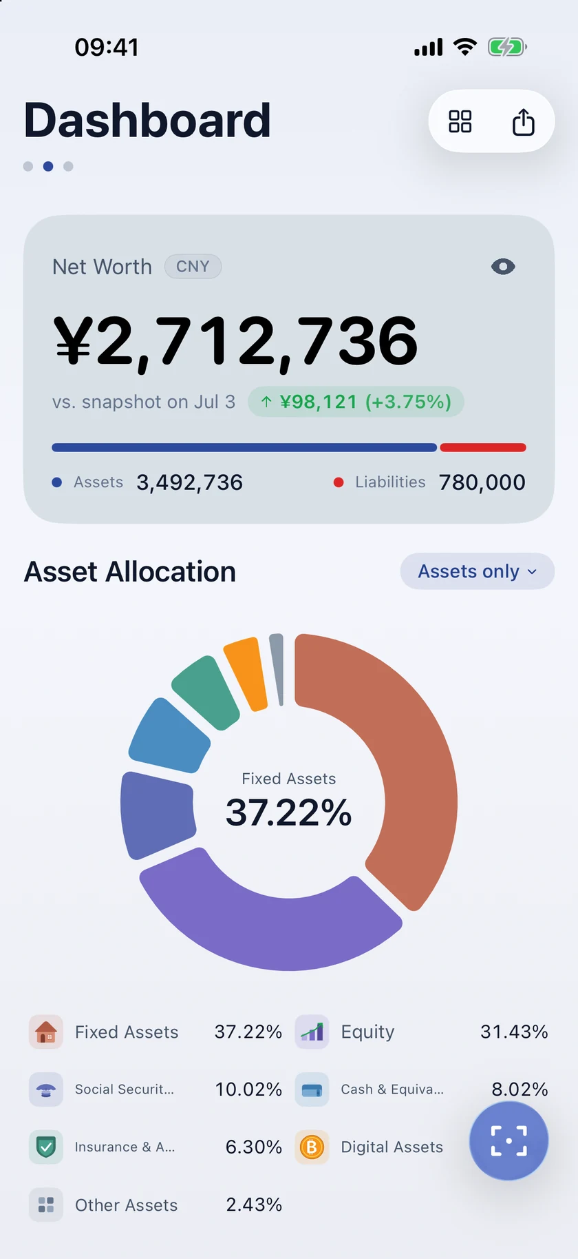 Wert dashboard showing net worth and asset allocation